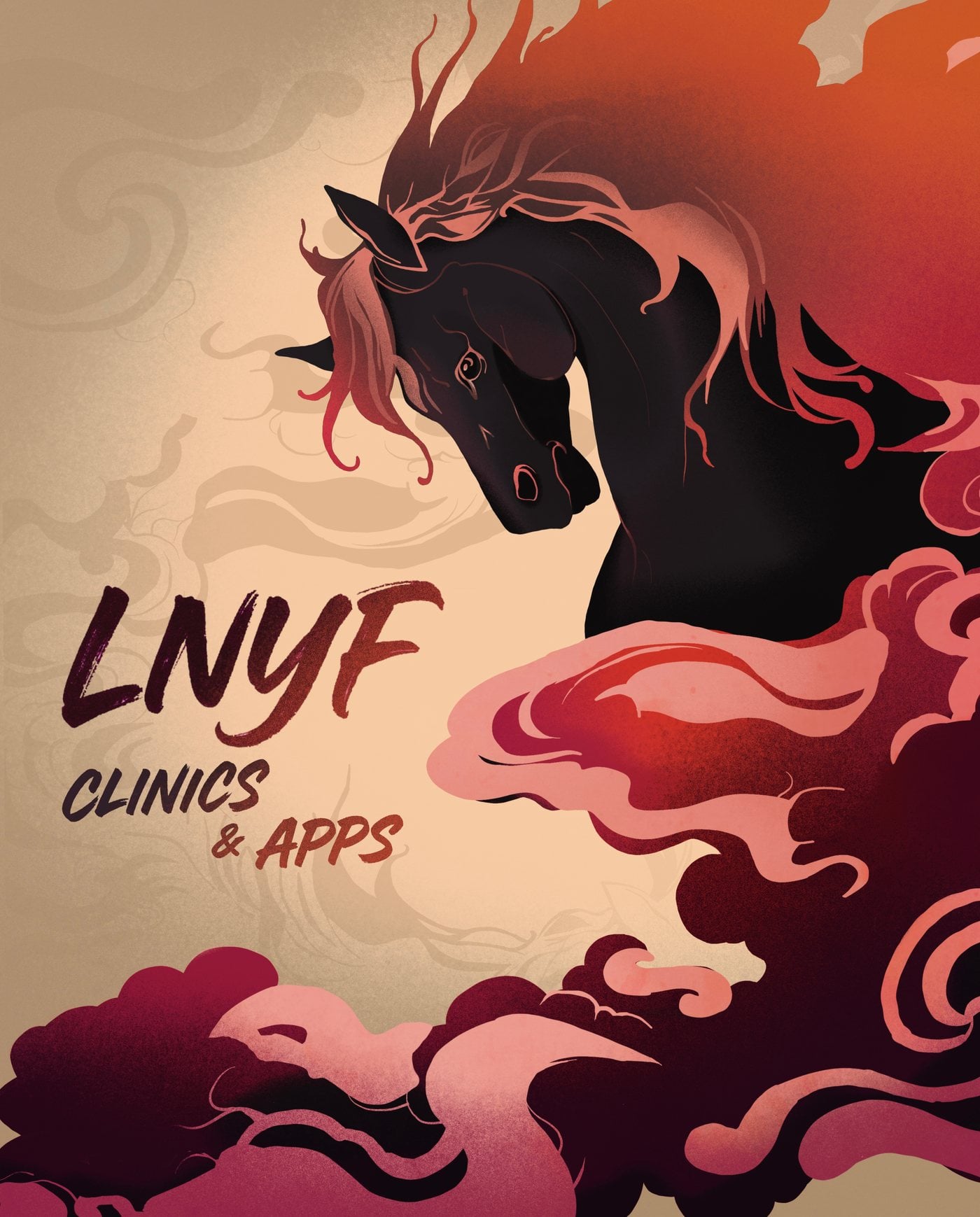 Poster of a black horse rising out of red clouds, lettered LNYF Clinics & Apps