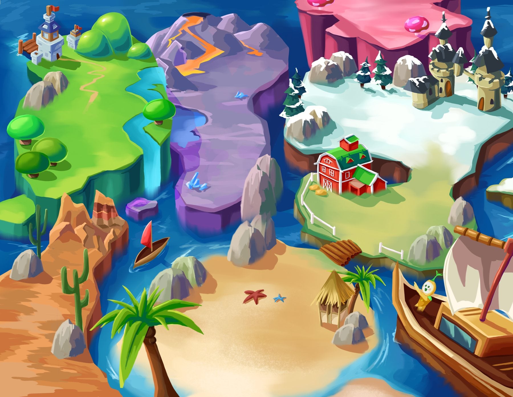Illustrated game map of islands with castles, a farm, a beach, and a ship