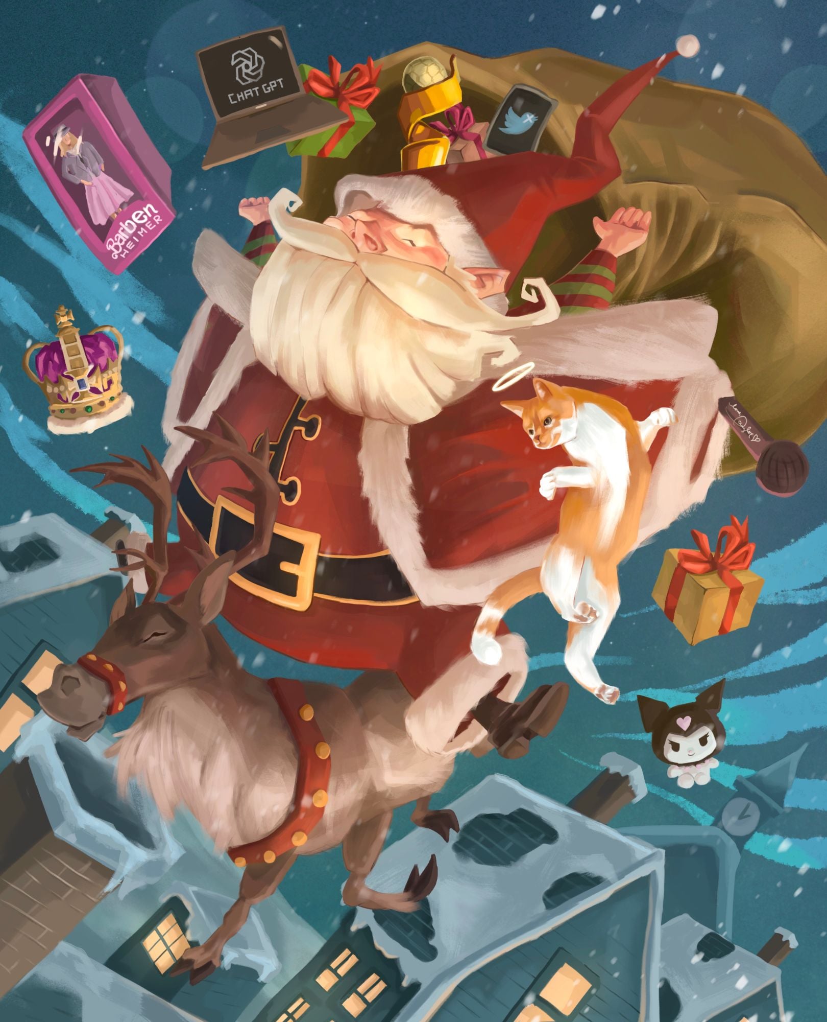 Illustration of Santa tumbling through a snowy sky with a reindeer, a cat, and a sack of gifts