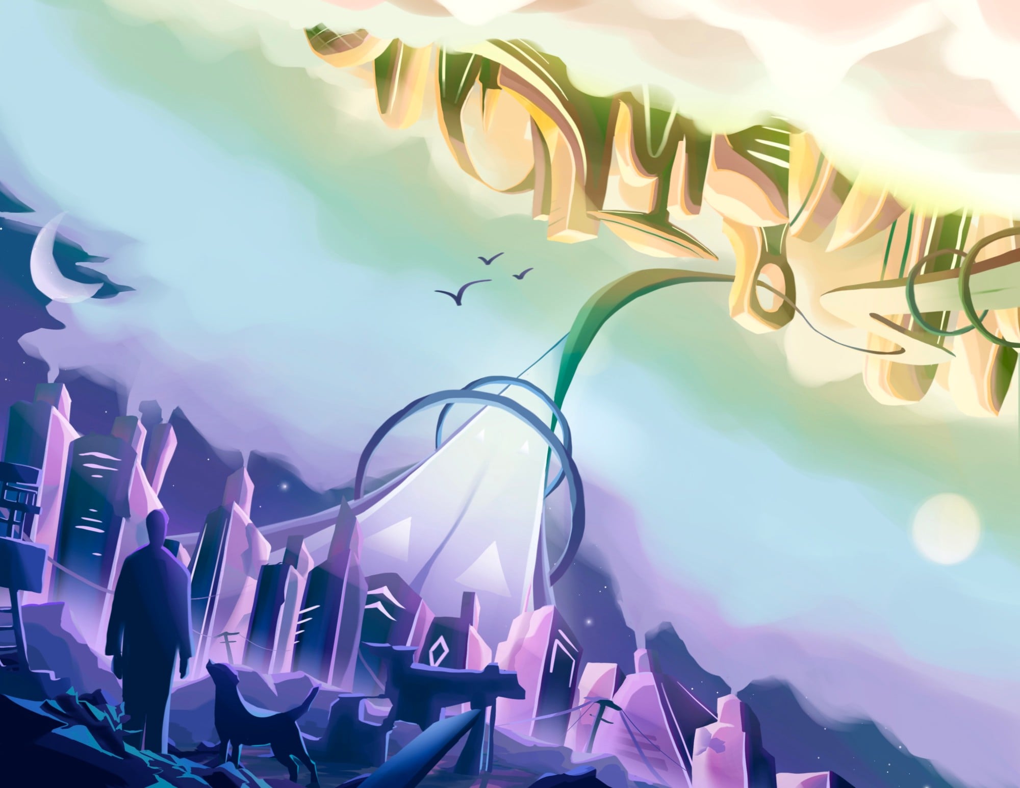 Illustration of a figure and a dog looking up at a skyline that twists from city towers into a utopian landscape