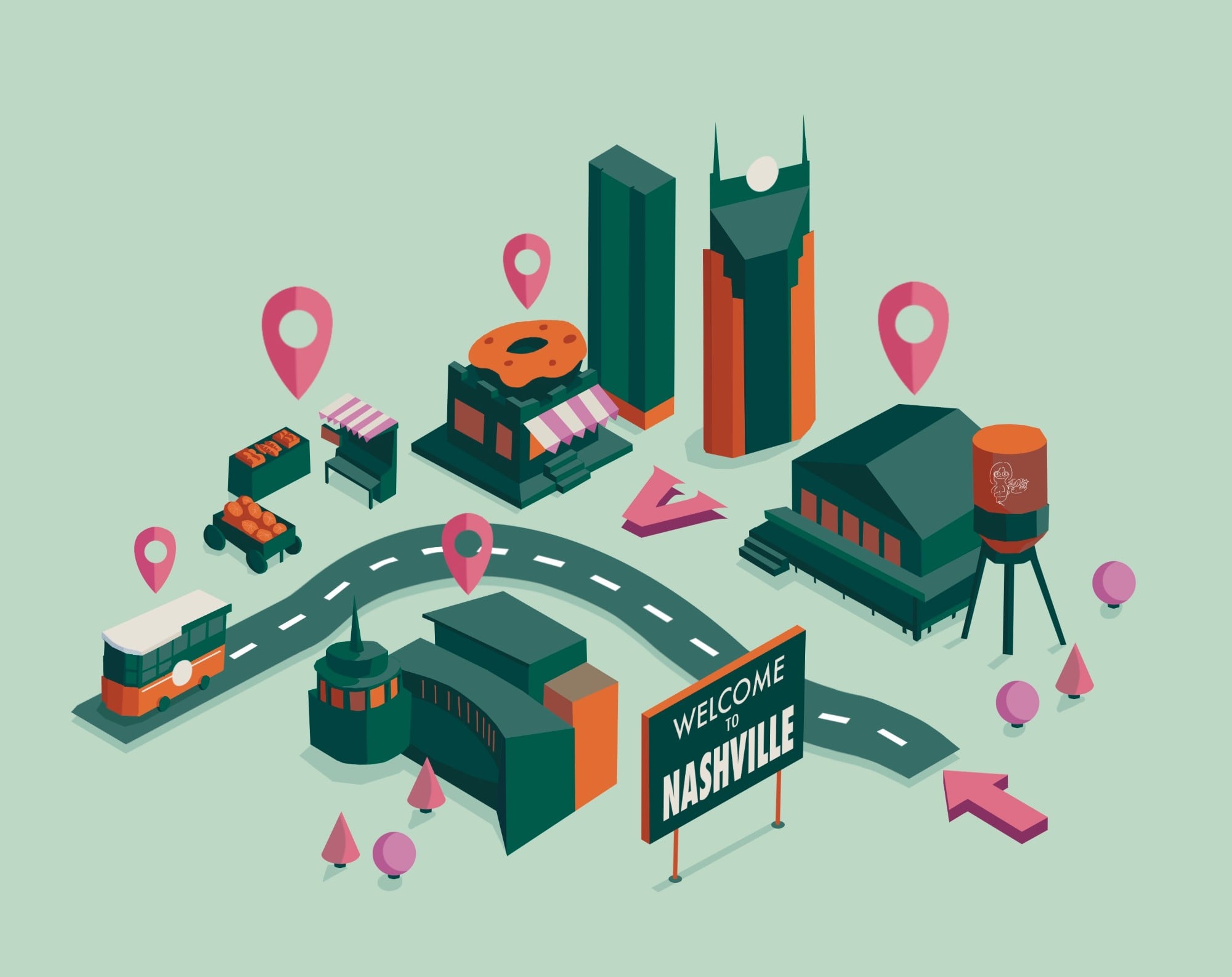Isometric illustration of Nashville landmarks with map pins and a Welcome to Nashville sign